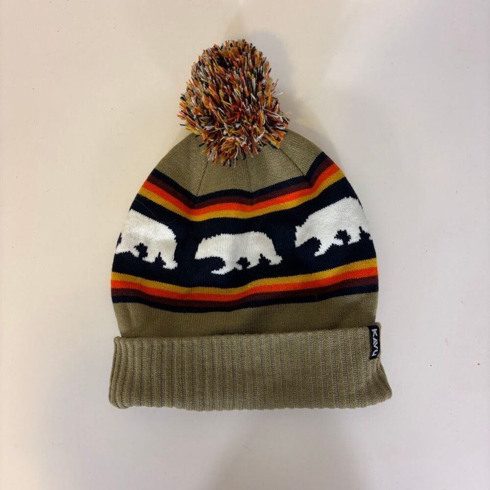 Kavu Light Brown with Bear Print Pom Pom Winter‎ Cuffed Hat Unisex